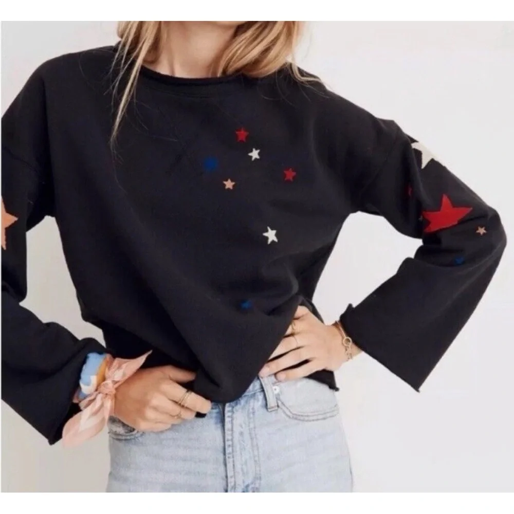 Madewell Mile(s) Black Star Print Bell Sleeve Starry Night Sweatshirt J8533 XS - Picture 1 of 8